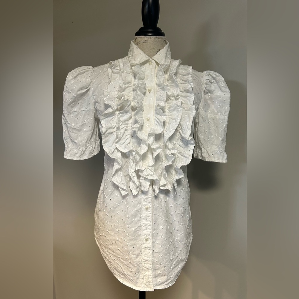 Vintage White Victorian Lace Eye lit  Blouse High Puff Sleeve Romantic Top Med